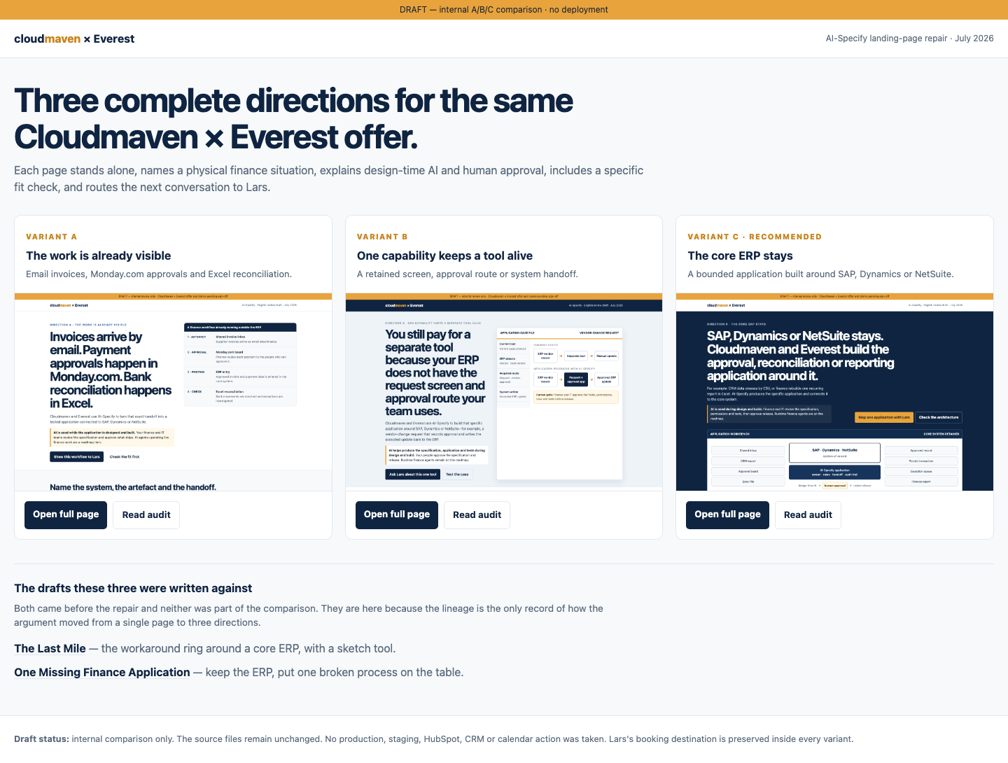 The AI-Specify chooser page, showing the three variants side by side.